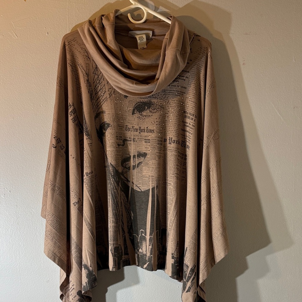 Cover change Brown Graphic Cowl Neck Poncho one size